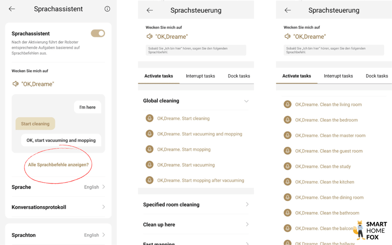 Der Befehlsumfang des Dreame Sprachassistenten ist zu sehen.